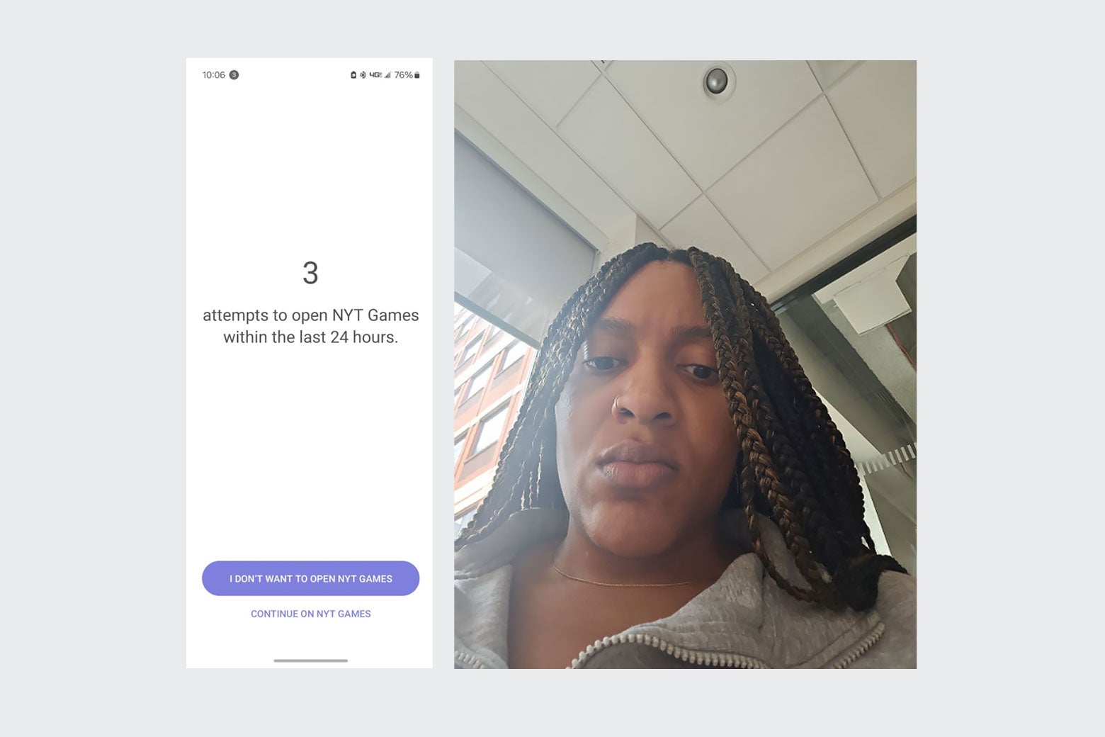 Selfie of the author looking down at her phone, with a notification that there have been three attempts to open the NYT Games app in the last 24 hours.